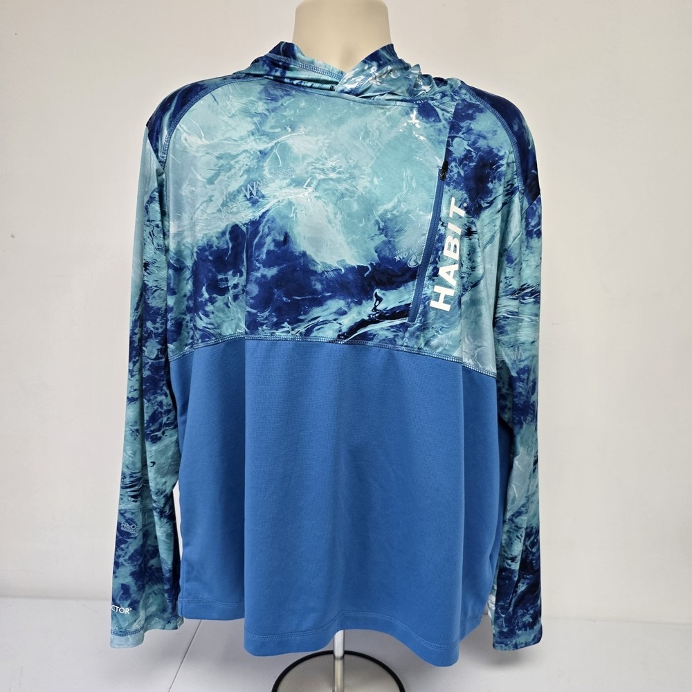 Habit Shirt Size XL Solar Factor 40+ Mens Blue Camo Long Sleeve Hoodie Mossy Oak